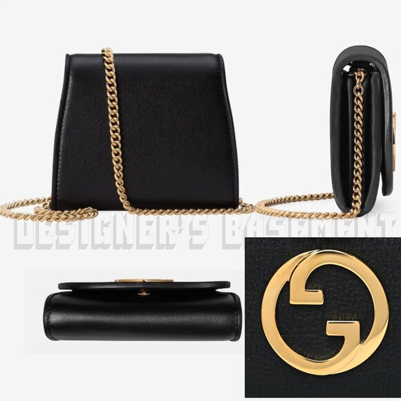 GUCCI black Leather BLONDIE Interlocking G Medium Wallet on chain Crossbody Bag - Picture 5 of 8
